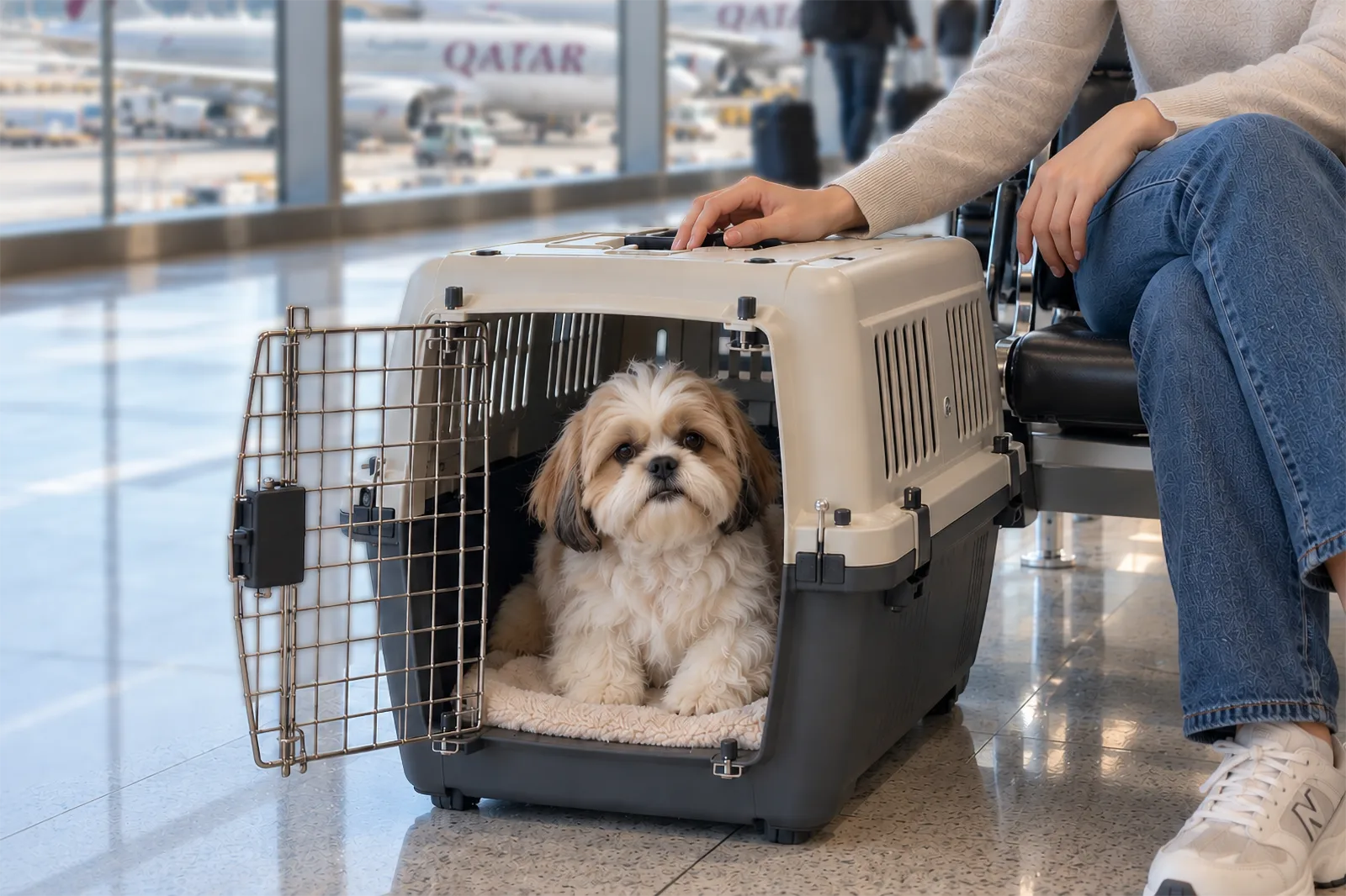 A small dog sits calmly inside an open-top travel crate in an airport departure lounge, with a Qatar Airways aircraft visible through the window behind it and an owner's hand resting on the crate.
