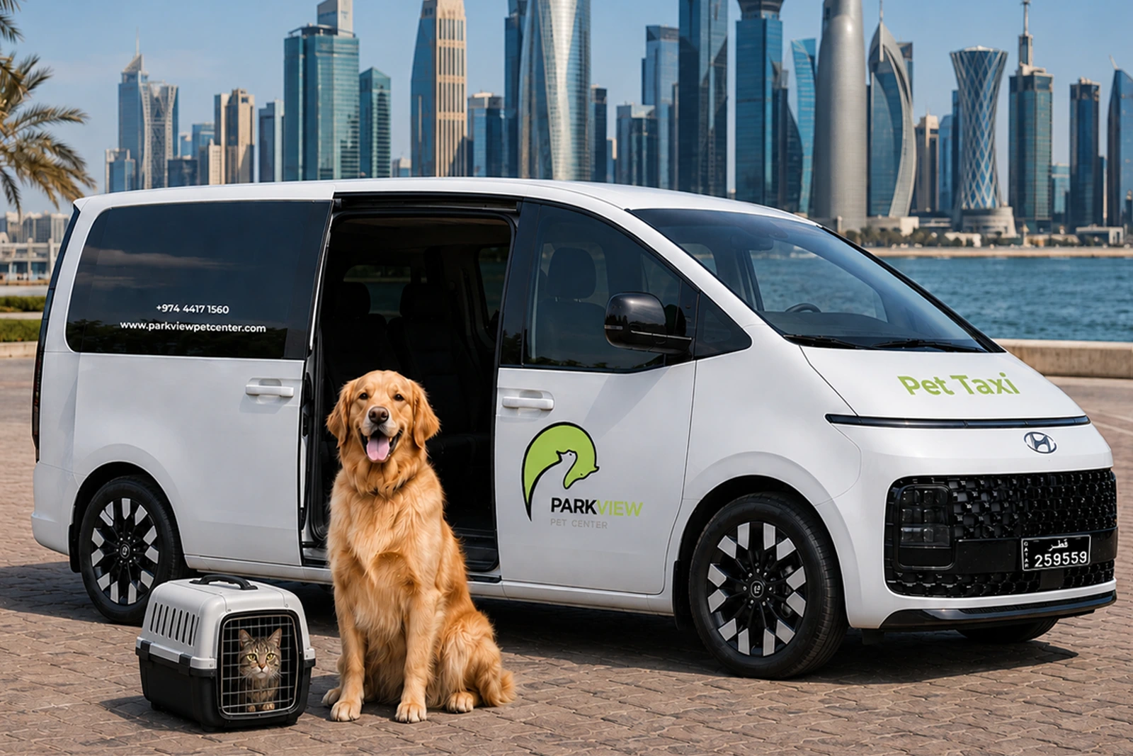 Parkview Pet Center pet taxi vehicle with dog and cat in Doha, Qatar